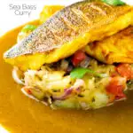 Elegant sea bass fillet curry served with fenugreek potatoes featuring a title overlay