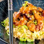Teriyaki prawns stir fry served on egg fried rice with spring onions presented with chopsticks featuring a text overlay
