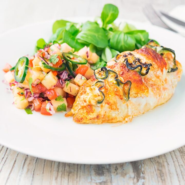 Cheddar cheese and Jalapeno pepper stuffed chicken breast served with pineapple salsa