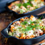Cheesy meatball pasta bake served in individual stoneware bowls featuring a title overlay.