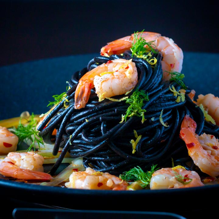 Prawn Pasta with Squid Ink Spaghetti & Fennel Krumpli