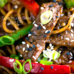 Close up Szechuan beef stir fry with noodles and bell peppers featuring a title overlay