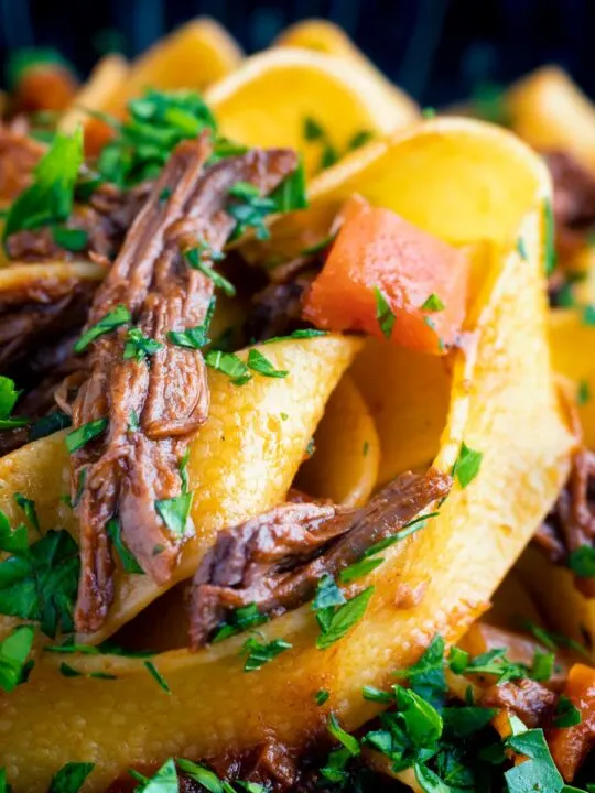 Close up rich venison ragu sauce served with pappardelle pasta.