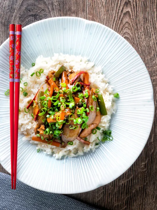 Overhead Chinese chicken with black bean sauce serve in a white bowl with rice.