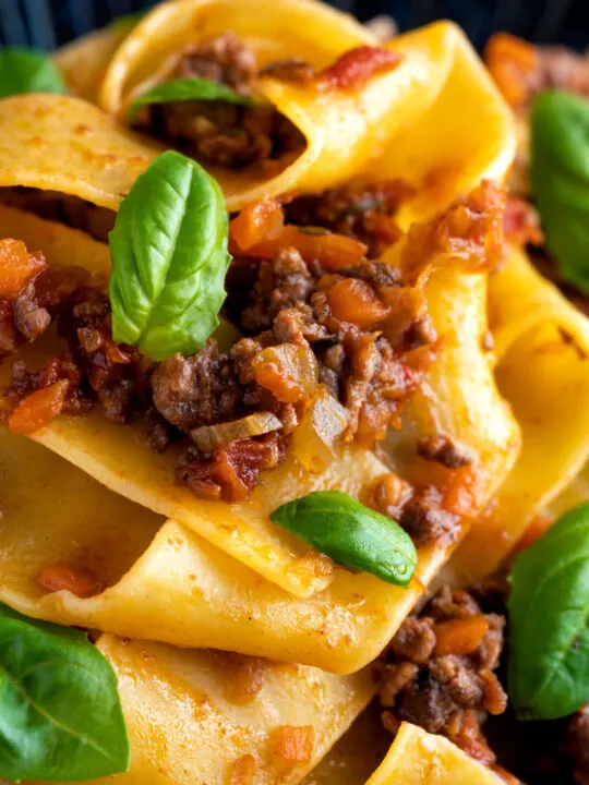 Close up lamb ragu with pappardelle pasta and fresh basil.