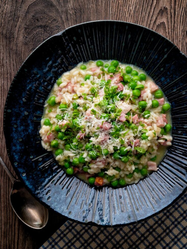 Pea and Ham Risotto with Goats Cheese Krumpli