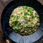 Overhead pea and ham risotto served in a blue bowl featuring a title overlay.