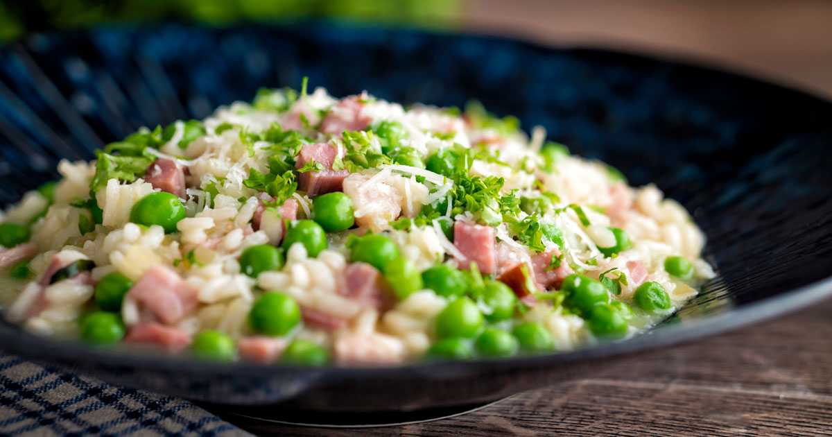 Pea and Ham Risotto with Goats Cheese