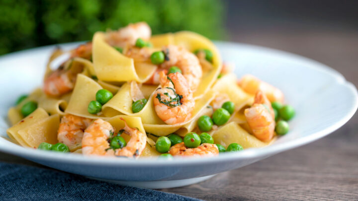 Prawn and pea pasta with pappardelle, chipotle chilli flakes and garlic.