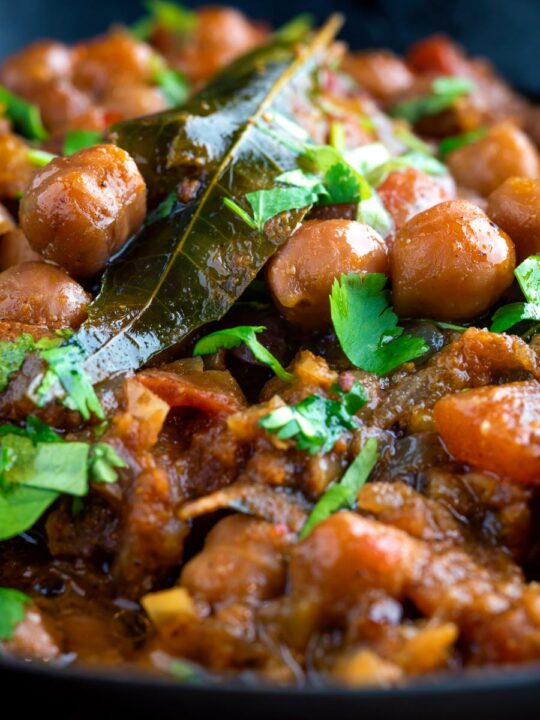 Close up vegan Punjabi chole masala curry or chana masala.