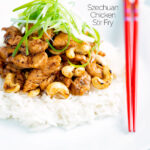 Szechuan chicken with cashew nuts and spring onion served on white rice featuring a title overlay.