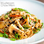 Vegetarian mushroom chow mein noodles served with shredded spring onion featuring a title overlay.