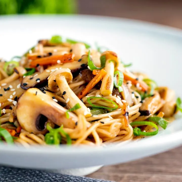 Stir fried vegetarian mushroom chow mein noodles served in a white bowl.