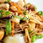 Close up vegetarian mushroom chow mein noodles using 3 types of mushroom.