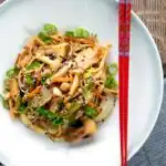 Overhead vegetarian mushroom chow mein noodles served in a white bowl.