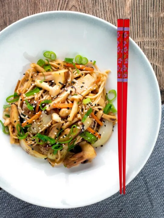 Overhead vegetarian mushroom chow mein noodles served in a white bowl.