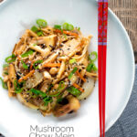Overhead vegetarian mushroom chow mein noodles served in a white bowl featuring a title overlay.