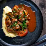 Overhead wild boar stew with mushrooms served with mashed potato on a dark plate featuring a title overlay.