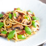 Bacon and mushroom pasta with sun dried tomatoes.