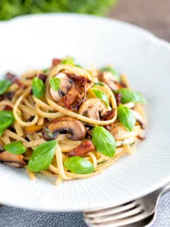 Bacon and mushroom pasta with sun dried tomatoes.