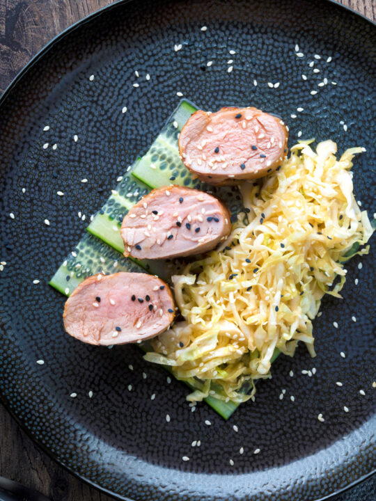 Overhead honey and miso glazed pork tenderloin with sesame seeds.