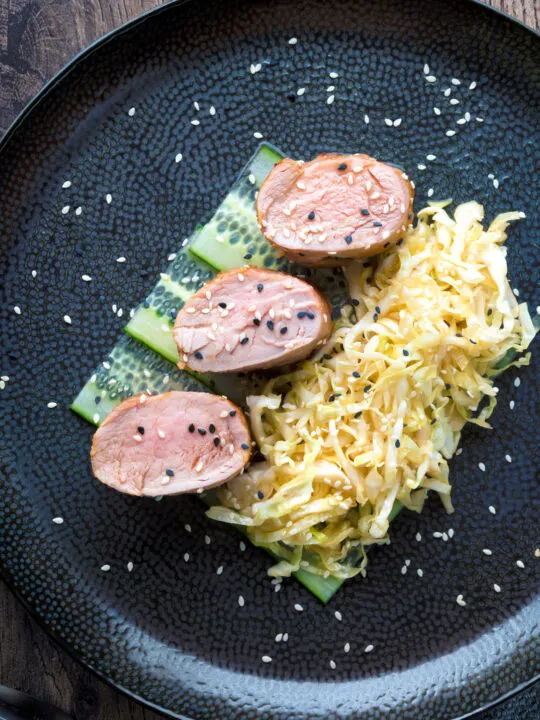 Overhead honey and miso glazed pork tenderloin with sesame seeds.