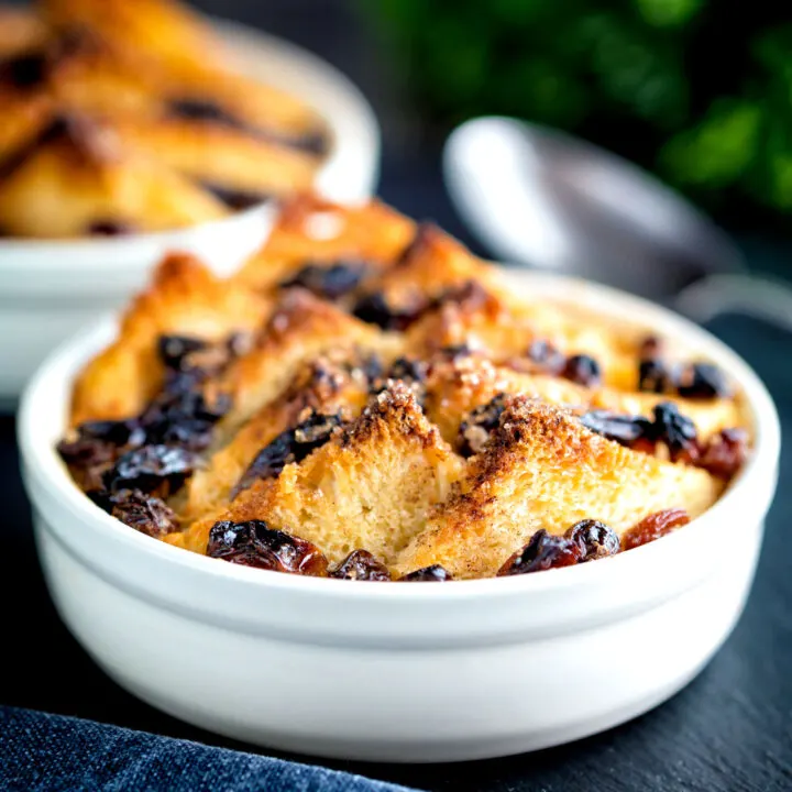 Individual bread and butter puddings served in single serving bowls.