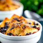 Individual bread and butter puddings served in creme brulee bowls.