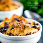 Individual bread and butter puddings served in creme brulee bowls featuring a title overlay.
