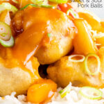 Close up crispy sweet and sour pork balls served with rice featuring a title overlay.