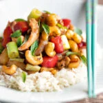 Thai cashew chicken stir fry served on steamed rice.