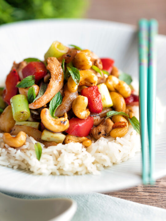 Thai cashew chicken stir fry served on steamed rice.