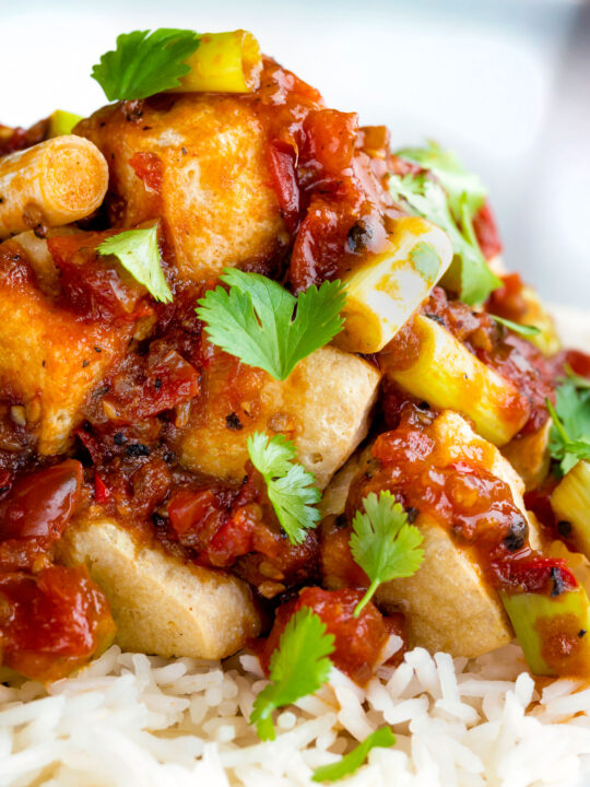 Close up crispy fried tofu with a spicy Vietnamese tomato sauce.