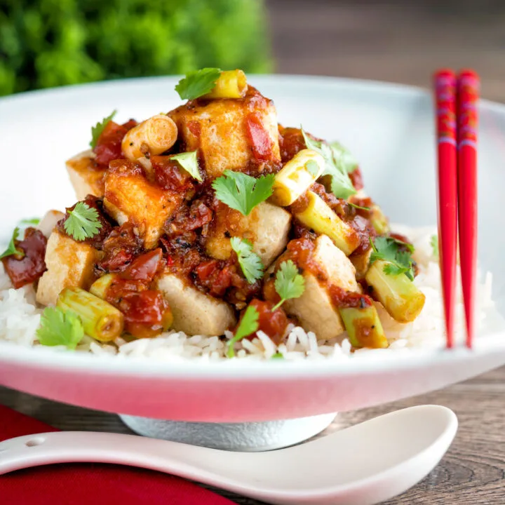 Crispy fried tofu with a spicy Vietnamese tomato sauce with fresh coriander.