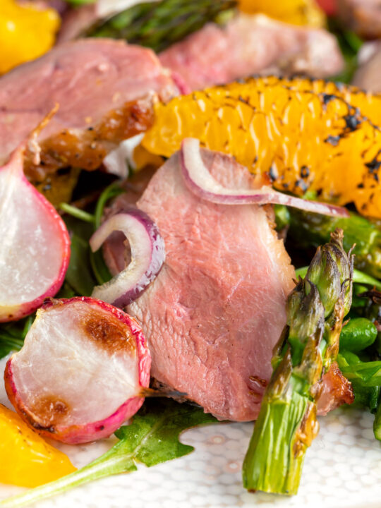 Close up duck breast salad with roasted radish and asparagus with orange segments.