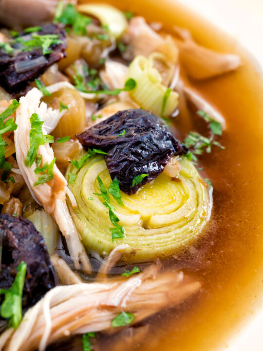 Close up Scottish cock a leekie soup, chicken and leek soup.