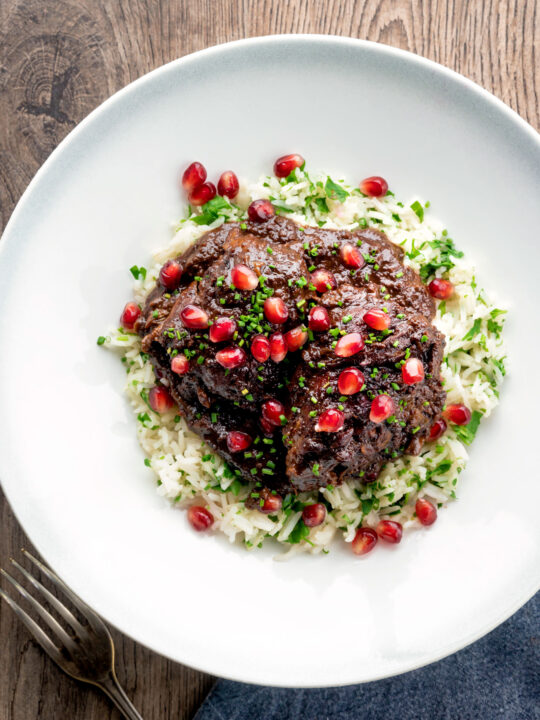 Overhead Iranian fesenjan chicken stew with pomegranate and herbed rice.