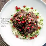 Overhead Iranian fesenjan chicken stew with pomegranate and herbed rice featuring a title overlay.