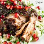 Iranian fesenjan chicken thigh stew with pomegranate showing cooked meat texture featuring a title overlay.