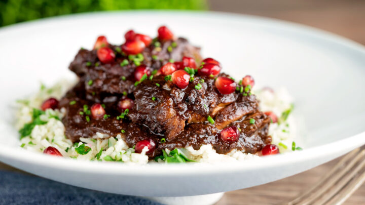 Iranian fesenjan chicken thigh stew with pomegranate & walnut served on herbed rice.