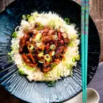 Overhead General Tso's chicken fakeaway recipe served on white rice.