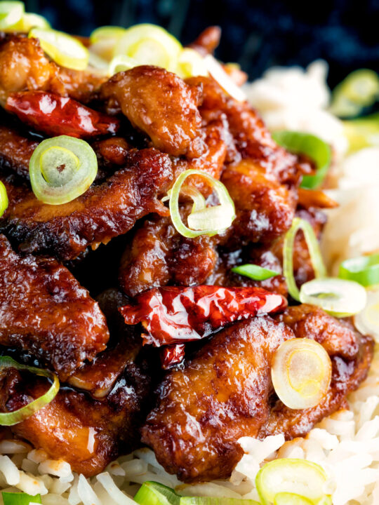 Close up General Tso's chicken fakeaway recipe served on white rice.