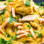 Close up chicken korma curry garnished with coriander and almonds.