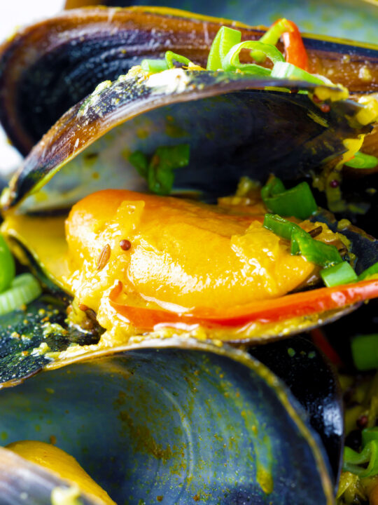 Close up Indian curry mussels in a coconut milk sauce.