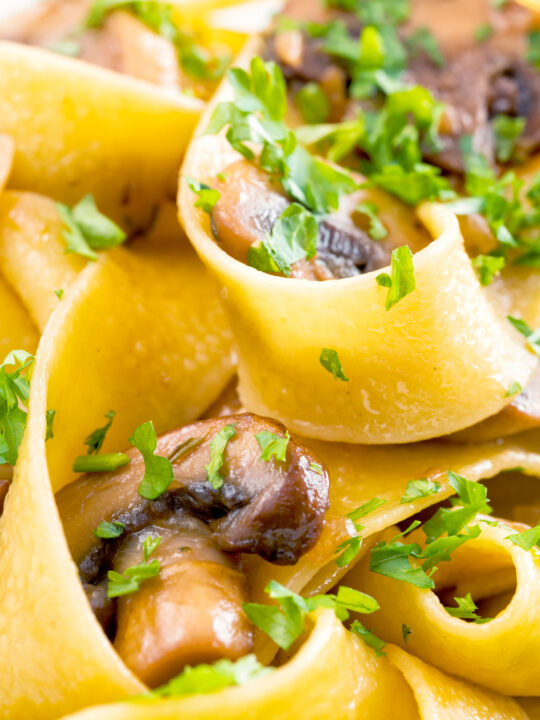 Close up garlic mushroom pappardelle with parsley.