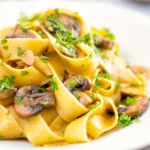Garlic mushroom pappardelle with balsamic vinegar.