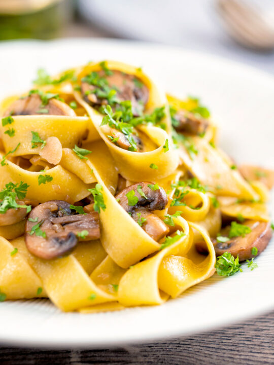 Garlic mushroom pappardelle with balsamic vinegar.