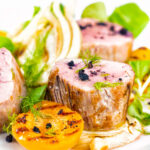 Roast pork tenderloin with apricot, fennel and Tasmanian pepperberry featuring a title overlay.