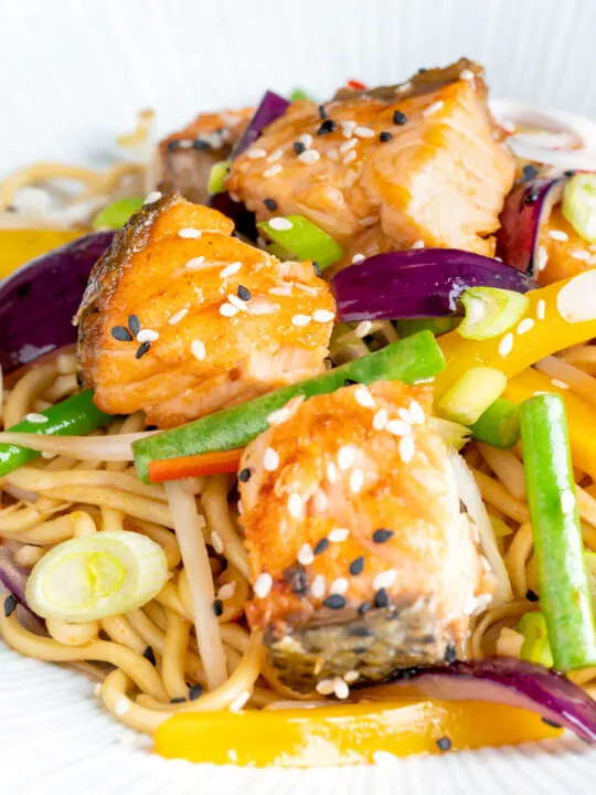 Close up salmon stir fry with egg noodles and vegetables.