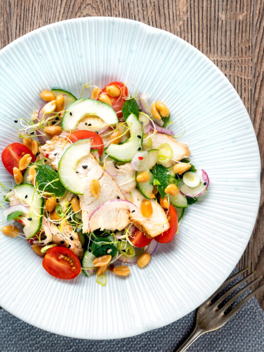 Overhead crunchy & spicy Thai chicken salad with peanuts.